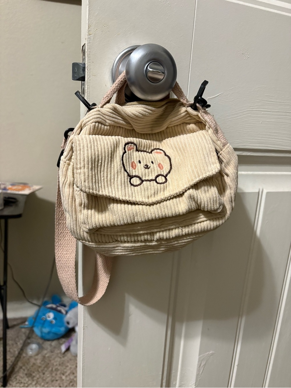 Amazon Cream Corduroy Crossbody Bag with Pink Strap